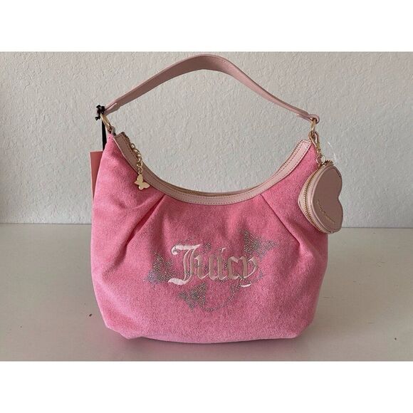Juicy Couture Wingin It Terry Hobo Bag Pink Lemonade Butterfly Bling NEW - Picture 1 of 13